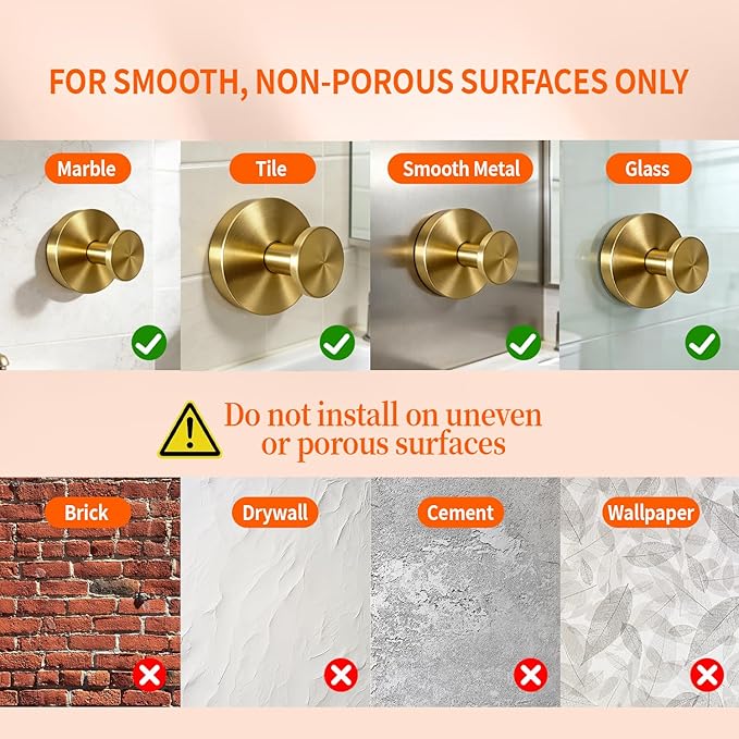 2026 Brushed Gold Suction Cup Hooks for Shower - No Drill Decorative Hooks Hold Towels & Wreaths on Glass Door & Bathroom Mirror - Luxury Finish Heavy Duty & Waterproof (2 Pack)