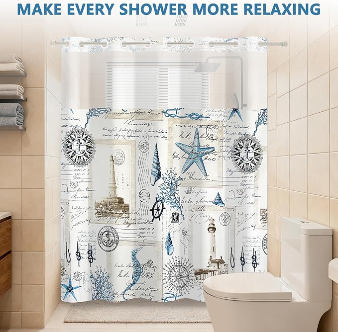 No Hook Vintage Nautical Shower Curtain with Waterproof Snap-in Liner, Ocean Themed Stamps Retro Shower Curtain with Mesh Top Window, Quick Dry Cloth Shower Curtains for Bathroom, 71"W x 74"L