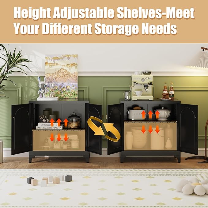 Metal Storage Cabinet with 2 Doors, 48" H Black Sideboard Cabinet, Small Kitchen Pantry with Adjustable Shelf, Coffee Bar Cabinets, Storage Cabinets for Kitchen, Pantry, Living Room, Office