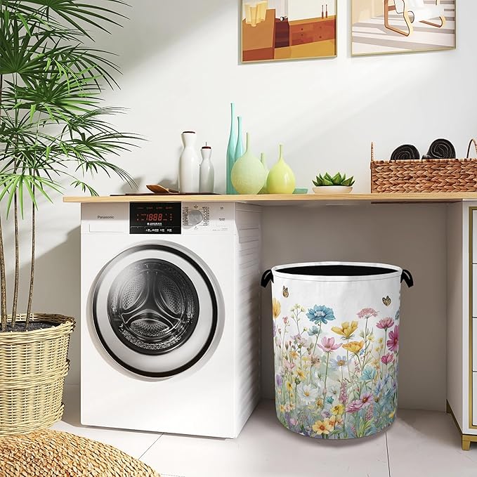 Wildflowers Laundry Basket,Garden Botanical Butterfly Oxford Cloth Laundry Hamper with Handle Foldable Portable Clothes Storage Basket for Bathroom Bedroom Dorm Room 16" x 20.8"