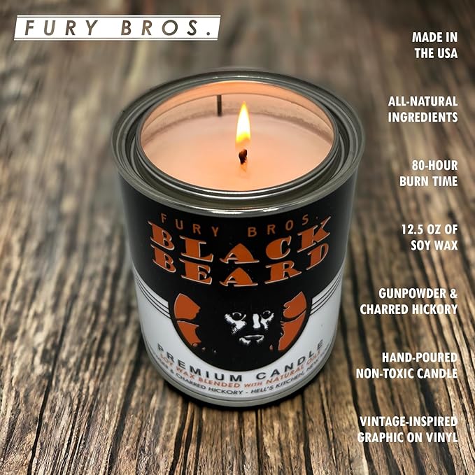 Fury Bros. Scented Candles for Men | Black Beard | Gunpowder & Charred Hickory | Natural Soy Wax | Hand-Poured in the USA | Long 70-80 Hour Burn (12.5 oz) | Vintage-inspired Tin Design | Dad Home Gift