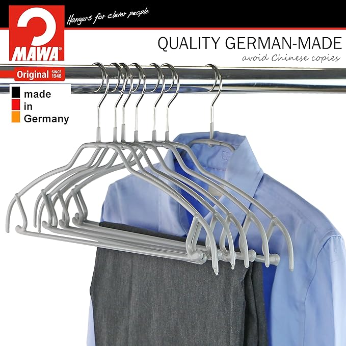 Mawa by Reston Lloyd Silhouette Ultra-Thin Series, Non-Slip Space Saving Shirt Hanger with Pant Bar & Skirt Hooks, Style 42/FTU, Pack of 10