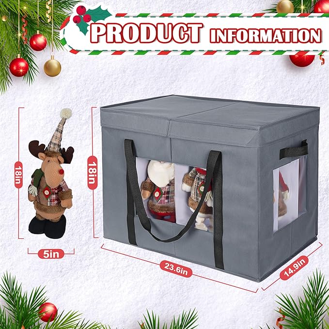 Christmas Figurine Storage Box, 24”x18”x15” Ornament Storage Box, 2025 UpgradeNutcracker Storage Box, Figurine Storage with Dividers, Adjustable Extent Area for Figurines and Pocket, Grey