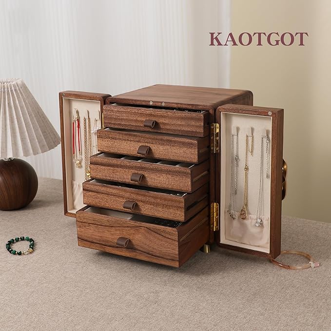 Jewelry Box for Women Girls, Wooden Jewelry Box Organizer Functional With Drawers, 5 Layers Jewelry Storage Organizer for Earring, Ring, Necklace, Bracelets