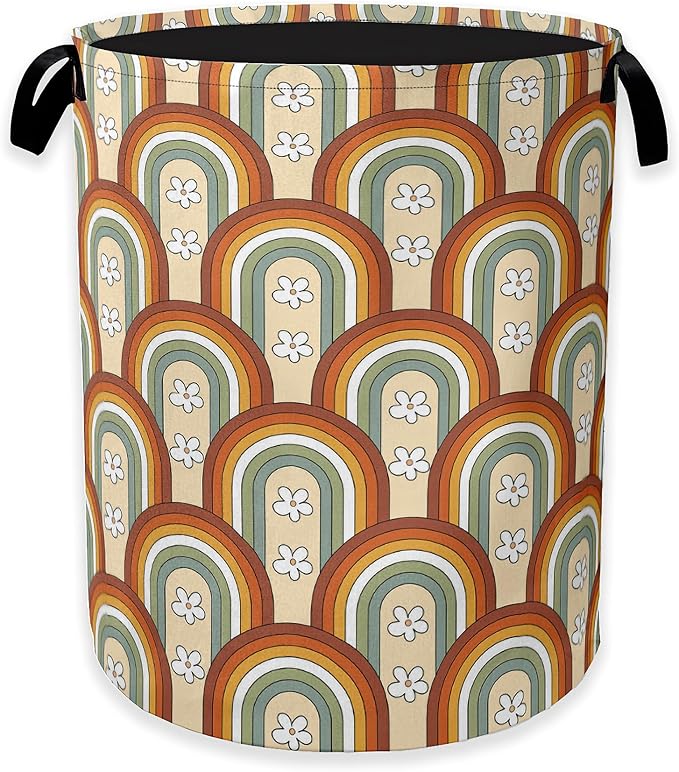 Collapsible Laundry Basket,Boho Rainbow Dirty Clothes Hamper,70s Groovy Flowers Hampers for Bedroom Waterproof Oxford Cloth Storage Organizer for Bathroom,Nursery,Dorm,16x20 Inch