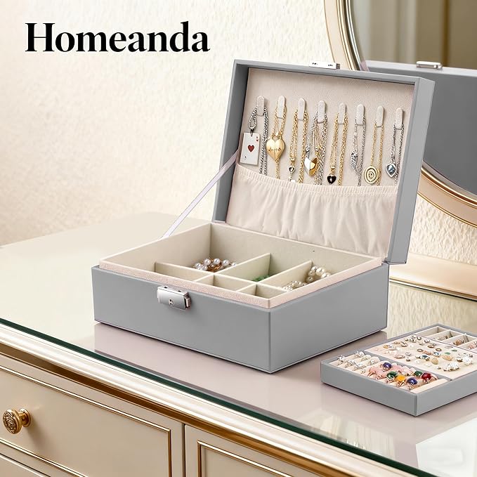 Homeanda Jewelry box 2 layer Jewelry box Leather Jewelry boxes for Women Girls Teens Jewelry organizer box Jewelry Storage box with lock(Grey)