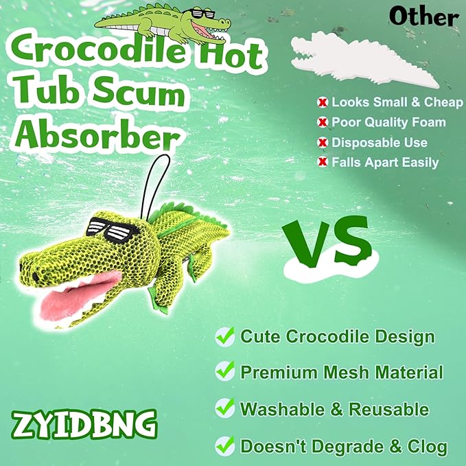 Crocodile Hot Tub Scum Absorber Reusable Washable Hot Tub Sponge Scum Absorber for Spa Hot Tub Oil Scum Absorber Hot Tub Accessories for Adults (2 Pack, Crocodile)