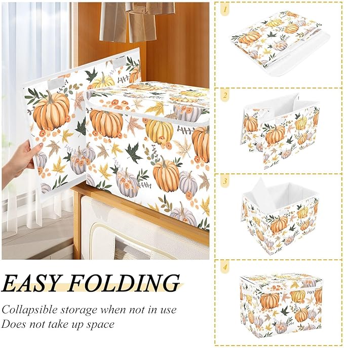 Thanksgiving Storage Baskets Collapsible Storage Bins with Lids, Pumpkins Flowers Leaves Thanksgiving Storage Boxes Clothes Baskets for Organizing
