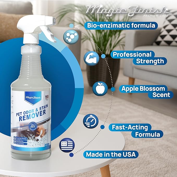 Magic Finish Pet Odor & Stain Remover (32 oz) – Enzyme Carpet Cleaner for Dog & Cat Urine, Vomit, and Messes – Kid & Pet-Friendly Rug & Upholstery Deodorizer with Apple Blossom Scent