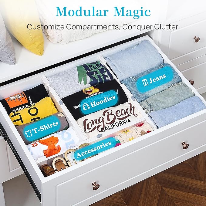 Vtopmart 6 Pack Drawer Dividers for Clothes, 4" High 11.3"-17" Adjustable Expandable Dresser Drawer Organizer, Plastic Drawers Separators for Dresser, Baby Clothes, Underwear, Kitchen & Office Storage