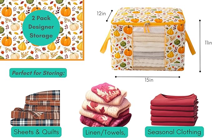 Canvas Storage Bags Designer Organizer 2 Pack – Seasonal Storage for Sweaters, Blankets, Linens & Garments – Foldable Design with Zip & Window, Moth-Proof Space Saver, Pumpkin Print