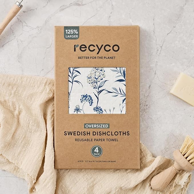 RECYCO Swedish Dishcloths for Kitchen | 4 Pack Oversized Washable Dish Rags | Large Cellulose Reusable Cleaning Paper Towels | Absorbent Counter Dish Cloth Sponge XL Kitchen Wipes, 12" L x 10" W