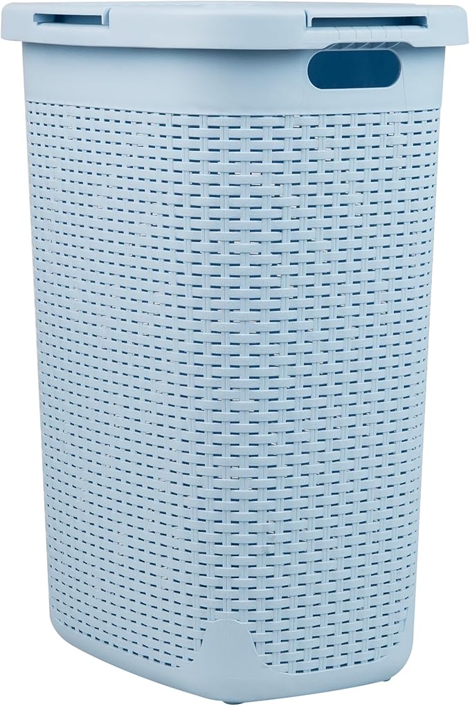Mind Reader Slim Laundry Hamper with Lid, 60L Clothes Basket, Premium Wicker Design, Plastic, Baby Blue