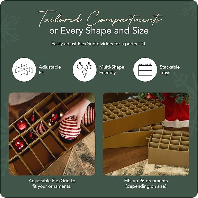 Covermates Keepsakes Adjustable Ornament Storage Bag – Heavy-Duty Polyester, Padded Dividers & FlexGrid Trays – Protective Holiday Ornament Organizer with Handles & Label Window, Red Snowflake