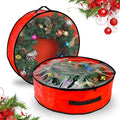 Pwsap 2 Pack Christmas Wreath Storage Container - 24 Inch, Garland Storage, Christmas Large Wreath Storage Container Cover, Durable Tarp Material, Dual Zipper Storage Bag for Xmas Holiday, Red