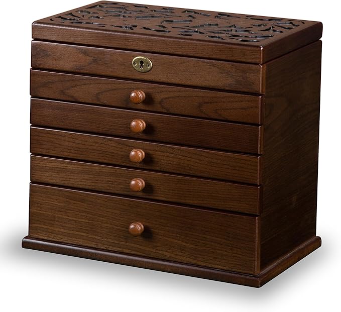 Vintage Rustic Wooden Jewelry Organizer boxes with 5 Drawers & Lock | Large Storage Box for Necklaces, Rings, Earrings | Handcrafted Gift for Women