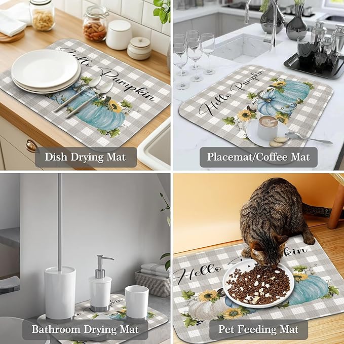 Quick Absorbent Kitchen Drying Mat - Stylish Patterns Fall Dish Drying Mat- 16×18 Inch & 18×24 Inch Pumpkin Kitchen Drainer Mat for Countertops, Dishes & Glassware