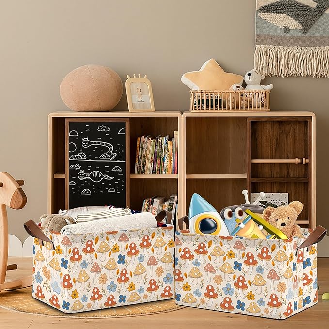 Retro Mushroom Storage Basket with Handles,Flower Collapsible Rectangle Organizer Bin for Room Decoration Books Box Baskets 17x11.5x10Inch