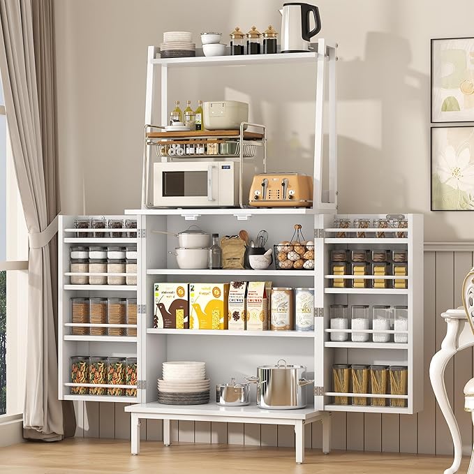 Semoic 51" Pantry Cabinet, Kitchen Storage Cabinet with Storage Shelves, Modern Kitchen Hutch with Microwave Stand, Adjustable Shelves, Food Pantry Cabinet for Dining Room (White)