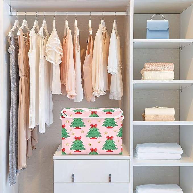 Christmas Tree Bow Stars Storage Bins with Lids Foldable Storage Basket with Handles Collapsible Large Fabric Organizer Containers for Clothes Shelves Closet Office Home