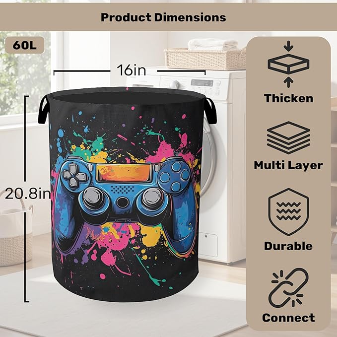 Laundry Basket, Dirty Clothes Basket, Gamers Controller Foldable Canvas Laundry Hamper with Handles - Toy Organizer, Heavy Duty for Home, Bedroom, Dorm, Bathroom