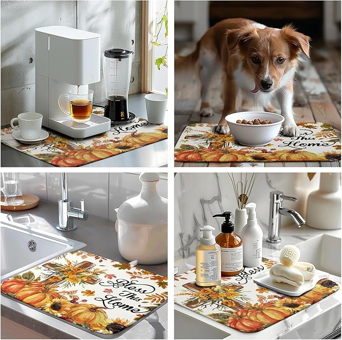 Wnoesat Fall Drying Mat for Kitchen Counter Autumn Thanksgiving Pumpkin Cross Dish Mat Sunflower Maple Leaf Absorbent Microfiber Dish Draining Mat Reusable Dishes Pad Medium 16"x18"