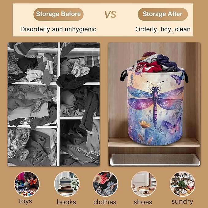 Dragonfly Butterfly Laundry Hamper,Collapsible Laundry Baskets,Colorful Wild Flowers Dirty Clothes Baskets with Handles,Oxford Cloth Hamper for Bedroom,Bathroom,College Dorms, 16"x20"
