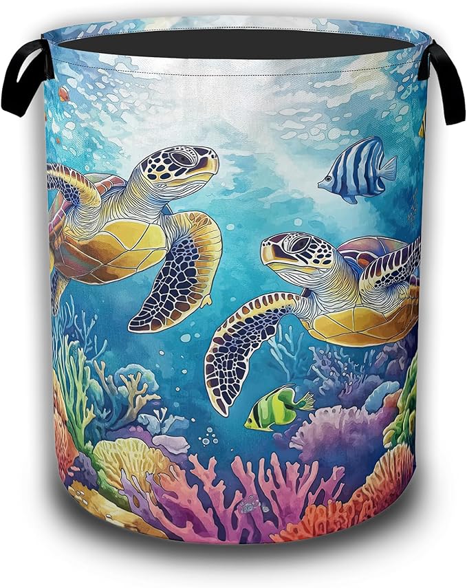 Sea Turtle Laundry Basket,Tropical Coral Fish Laundry Hamper Waterproof Oxford Cloth Tote Collapsible,Clothes Storage Bucket Decorative Toy Organizer For Bathroom Bedroom 16" x 20.8"