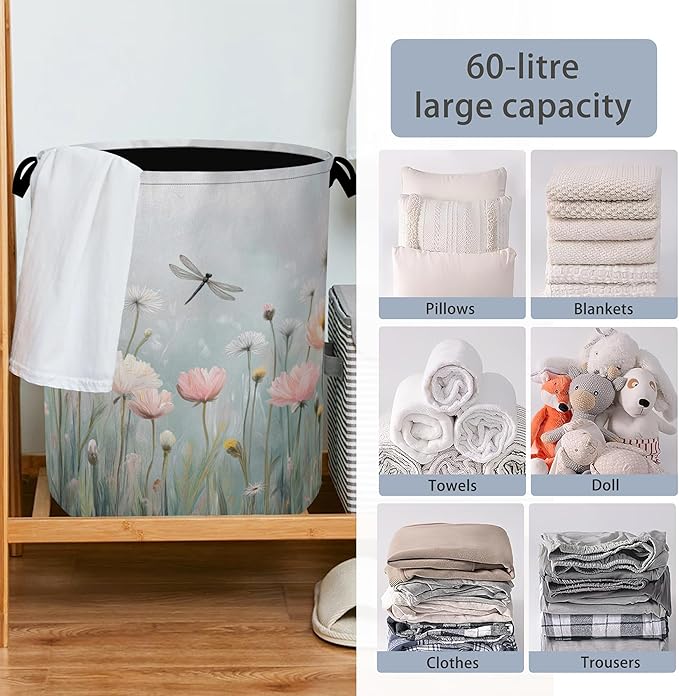 Dragonfly Laundry Hamper,Dandelion Flower Dirty Clothes Laundry Basket with Handles Waterproof Oxford Cloth Storage Basket for College Dorms Bathroom Bedroom 16" x 20.8"