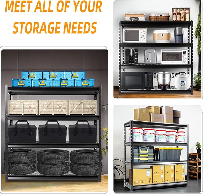 Shuntong The Atlas 72" W Metal Garage Shelving Unit Load 12000 Lbs, 4 Tier Heavy Duty Storage Rack, Adjustable Industrial Shelves for Warehouse Shop Basement, 72" W x 24" D x 72" H, Black