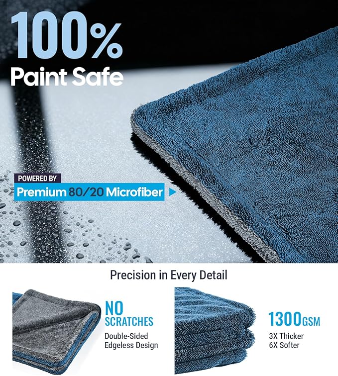 Wigoo Microfiber Car Drying Towels 36" x 24" [1300GSM Ultra-Absorbent, No Streaks & Scratches] Dual-Sided Edgeless Cleaning Towel with Twisted Loop, for Detailing, Cars, SUV, Truck (2-Size Blue Set)