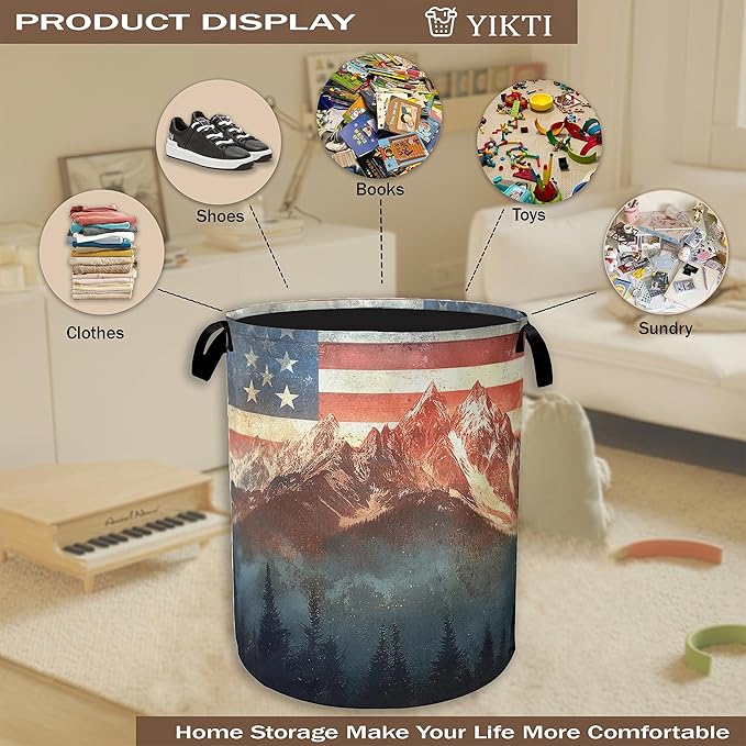 Vintage American Flag Laundry Hamper,Forest Mountain Clothes Hamper for Laundry,Waterproof Oxford Toy Storage Collapsible Hampers for Bedroom, Dorm Room,Bathroom,16x20 Inch