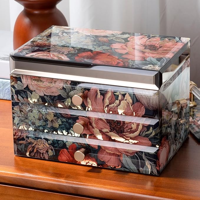 Glass Jewelry Box With Floral Pattern, 3-Tier Jewelry Organizer for Women Girls,Jewelry Gift Decorative Boxes, Art Painting Tabletop Ornament Organizer For Earring Necklace Christmas Gifts