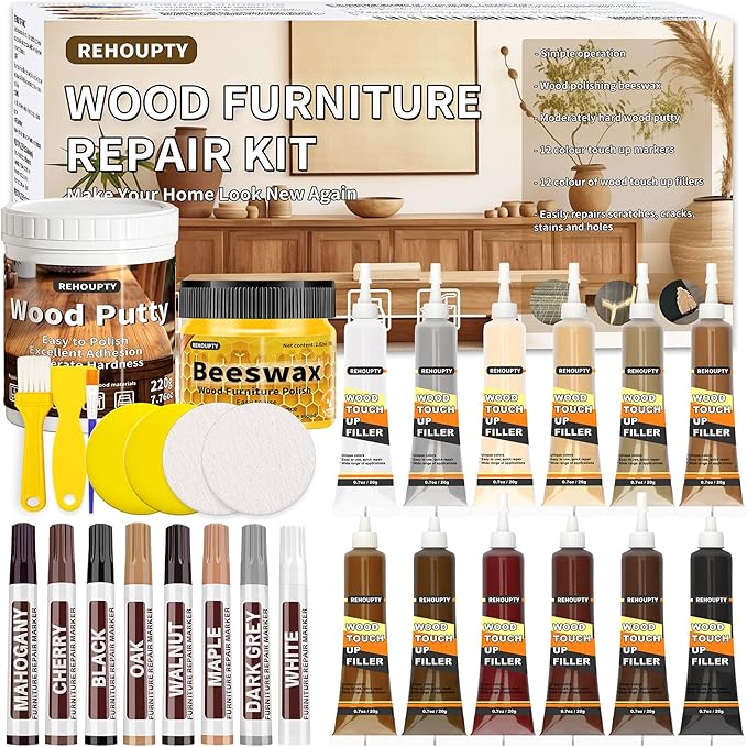 REHOUPTY Wood Furniture Repair Kit, All-in-One Laminate Floor Repair Kit - Wood Putty, 12 Colors Wood Filler & 8 Colors Furniture Markers and Beeswax, Wood Repair for Scratch Cracks Hole Discoloration