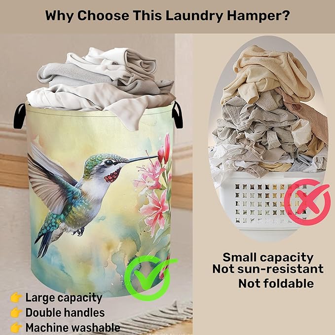Summer Hummingbird Laundry Basket with Handles - Extra Large Foldable Hamper for Bathroom/Laundry/Bedroom/Dorm, Washable Fabric Storage Bin