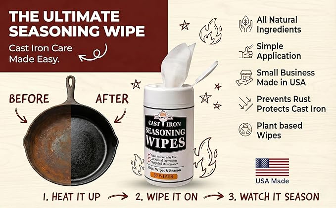 Cookware Care Cast Iron Seasoning Oil Wipes, 50 Count, Made in USA with Grapeseed Oil for Cast Iron Skillet, Blackstone Griddle - Ideal Blackstone Accessories Gift for Men/Dad