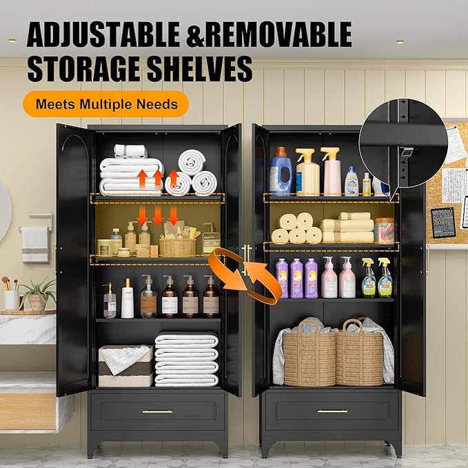 Metal Storage Cabinet with Doors and Shelves, 75" Tall Kitchen Pantry Storage Cabinets with Drawer, Black Pantry Cabinet, Steel Office Cabinets, Large Cupboard- Assembly Required