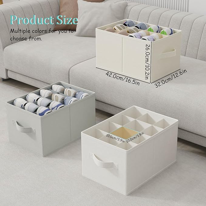 2 Pack Shoe Storage Bins, Fits Up to 24 Pairs, Foldable Space-saving Closet Organizers System, Clothes Basket with Reinforced Handles, 16.5 x 12.6 x 10.2 In, White & Ivory, XSNX02W-2