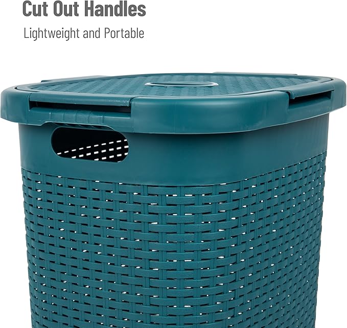 Mind Reader Slim Laundry Hamper with Lid, 60L Clothes Basket, Premium Wicker Design, Plastic, Blue