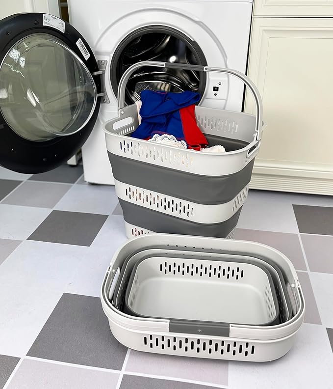 SAMMART 38L(10 Gal) Collapsible Laundry Basket - Foldable Pop-Up Storage Container/Organizer-Portable Space Saving Hamper, Measure 17.5x13.3x15.7"/3.8" Expanded/Collapsed (2, Grey)