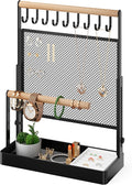 IOAIANIA Jewelry Organizer Stand with Velvet Ring Holder, Liftable Necklace Holder with Earring Organizer Net, 9 Hooks Necklaces Storage Wooden Handing Bar for Bracelets Watches Rings (Black)