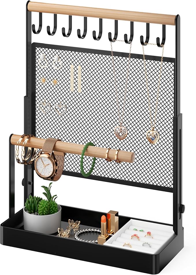 IOAIANIA Jewelry Organizer Stand with Velvet Ring Holder, Liftable Necklace Holder with Earring Organizer Net, 9 Hooks Necklaces Storage Wooden Handing Bar for Bracelets Watches Rings (Black)