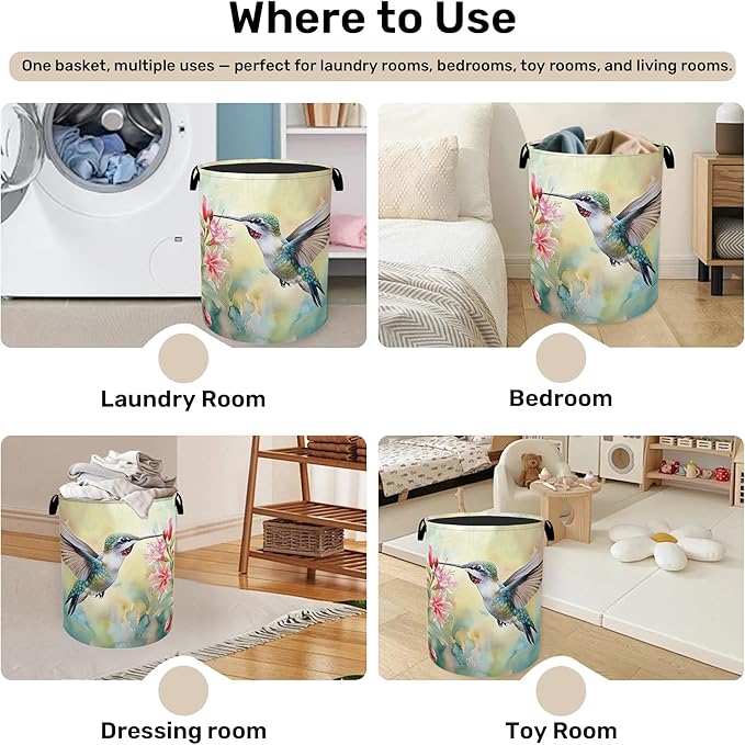 Summer Hummingbird Laundry Basket with Handles - Extra Large Foldable Hamper for Bathroom/Laundry/Bedroom/Dorm, Washable Fabric Storage Bin
