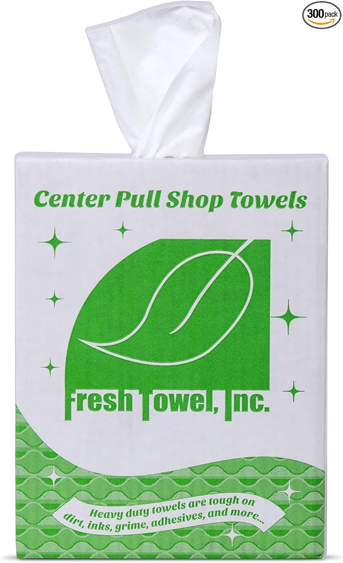 Fresh Towel Ultra Strong Center Pull Shop Towels - (1 Box of 300) Disposable Cleaning Towels - White, 9 x 12 inches - FT500