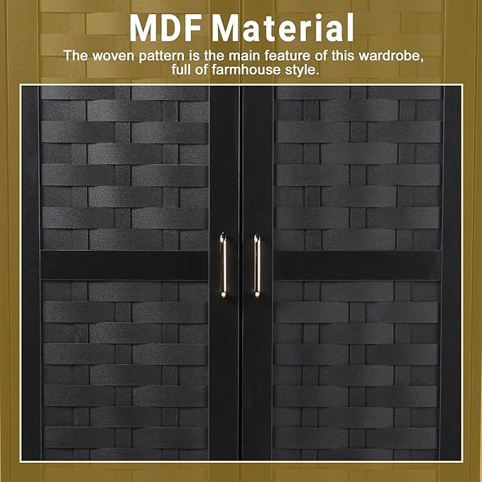 LEVNARY Armoire Wardrobe Closet with 2 Woven Doors, Wardrobe Cabinet with 2 Storage Drawers and Hanging Rail, Freestanding Wooden Closet for Bedroom (Black)