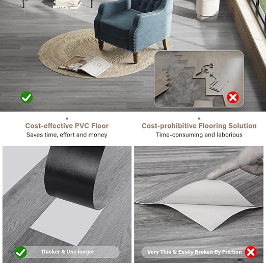 Peel and Stick Floor Tile, INMOZATA Self Adhesive Vinyl Plank Flooring Wood Grain Look 36-Pack 54 Sq.Ft Grey Waterproof Tile Sticker for Bedroom, Living Room, Kitchen, RV(Slategray)