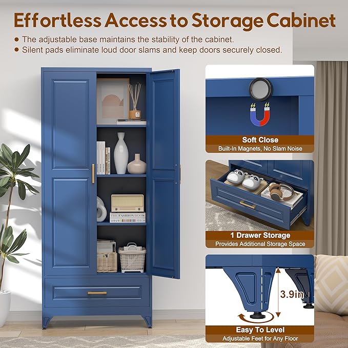 75" Kitchen Pantry Cabinet with Drawer, Tall Storage Cabinet with Doors and 4 Shelves, Metal Storage Cabinets for Kitchens, Living Room, Dinning Room, Assembly Required, Blue