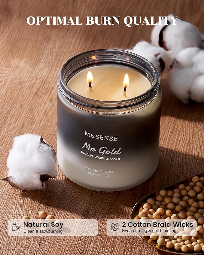 M&SENSE Smoked Leather Scented Men Jar Candle, 11.6oz 2 Wick Large Natural Soy Candle 70 Hours Long Lasting, Highly Scented Home Decor Candle for Men