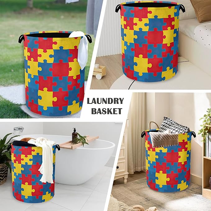 Colorful Puzzle Laundry Basket,Foldable with Handles Tote Bag Oxford Cloth for Bathroom Bedroom Dirty Clothes Storage Bucket 16" x 20.8"