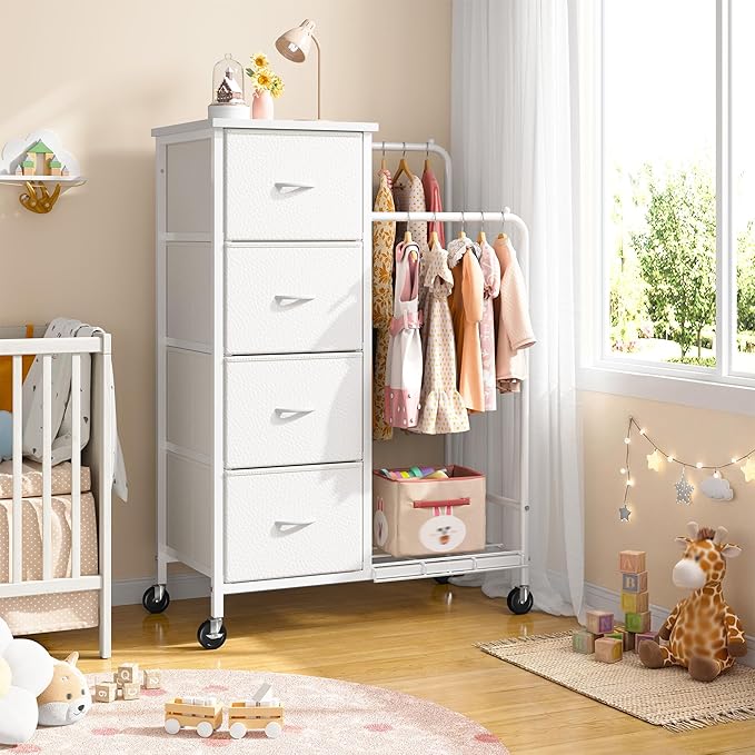 47.3" H Dresser with Hanging Rack, 4 Fabric Drawers with Double Clothes Rack & Wheels, Tall Closet Organizer Dresser for Bedroom, Entryway, White, 15.8" D x 29.9" W x 47.3" H